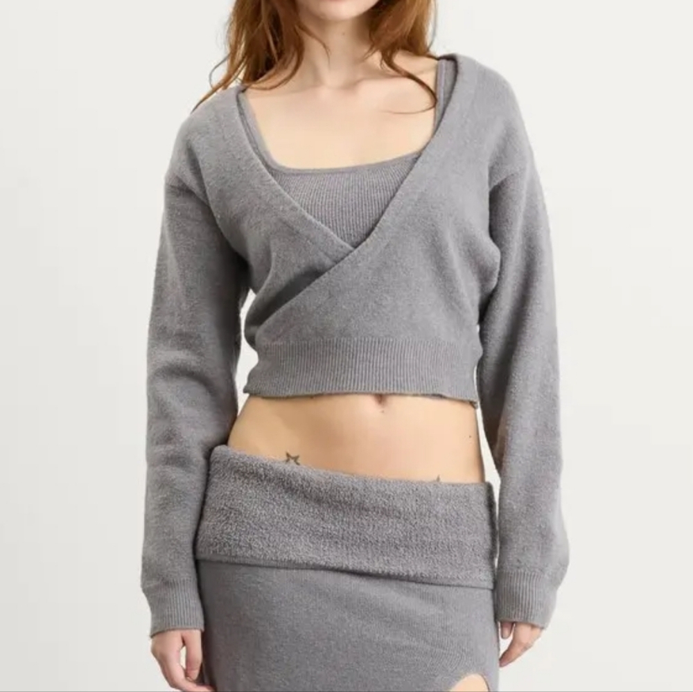 SKIMS Textured Knit Wrap Sweater Cropped Ballet Style Cotton Blend Grey Sz S/M